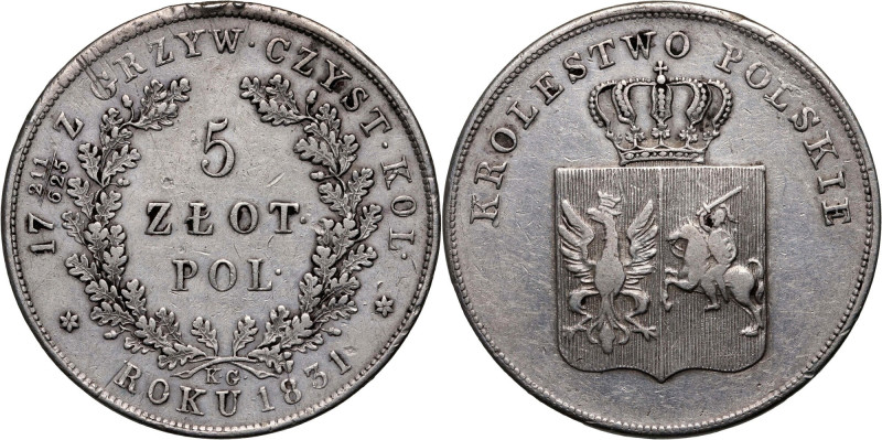 Powstanie Listopadowe, 5 złotych 1831 KG, Warszawa Drobne uszkodzenie rantu. Ref...