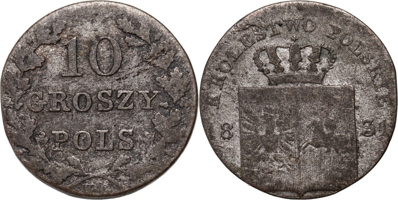 Powstanie Listopadowe, 10 groszy 1831 KG, Warszawa Rzadsza odmiana z prostymi ła...