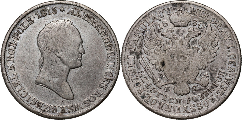 Królestwo Kongresowe, Mikołaj I, 5 złotych 1830 KG, Warszawa Rzadszy rocznik.
R...