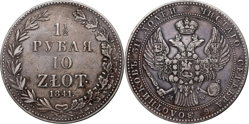 Zabór rosyjski, Mikołaj I, 1 1/2 rubla = 10 złotych 1841 MW, Warszawa Ostatni, r...