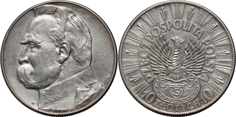 II RP, 10 złotych 1934 S, Warszawa, Józef Piłsudski, Orzeł Strzelecki Delikatnie...