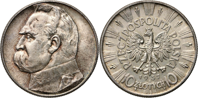 II RP, 10 złotych 1937, Warszawa, Józef Piłsudski Bardzo ładnie zachowane. Refer...