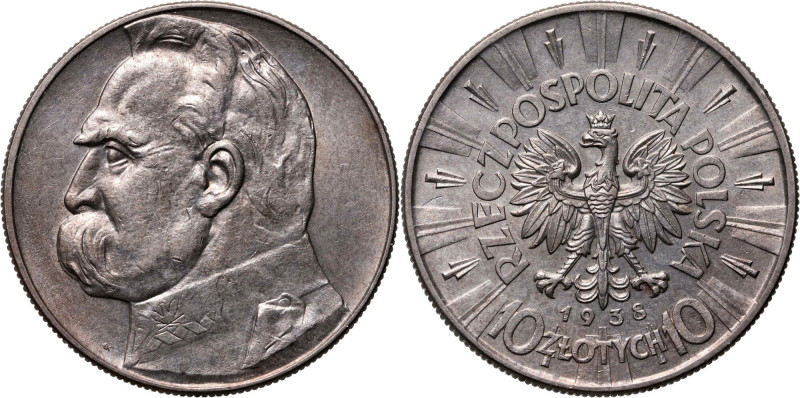 II RP, 10 złotych 1938, Warszawa, Józef Piłsudski Rzadszy rocznik. Ładna patyna....