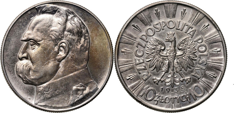 II RP, 10 złotych 1938, Warszawa, Józef Piłsudski Rzadszy rocznik. Ślady czyszcz...
