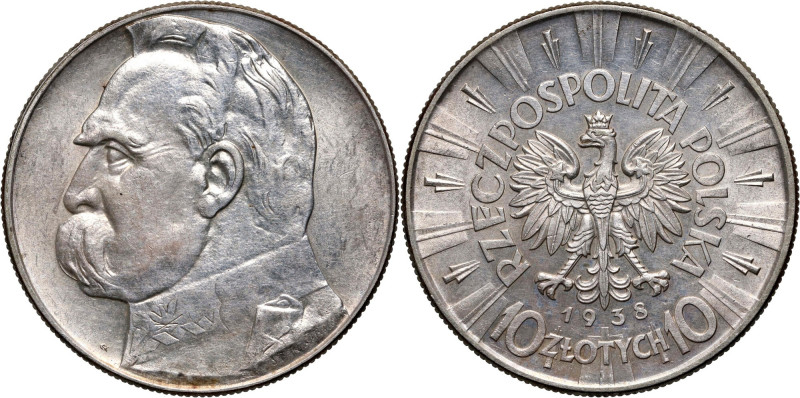 II RP, 10 złotych 1938, Warszawa, Józef Piłsudski Rzadszy rocznik w ładnym stani...