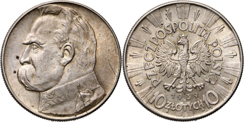II RP, 10 złotych 1939, Warszawa, Józef Piłsudski Ładnie zachowane, ale z kilkom...