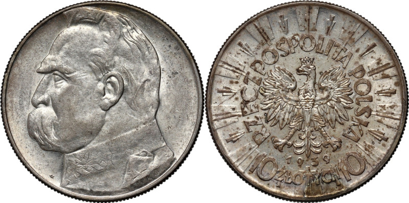 II RP, 10 złotych 1939, Warszawa, Józef Piłsudski Plamiasta patyna. Reference: P...