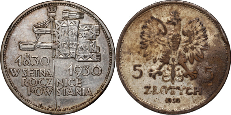 II RP, 5 złotych 1930, Warszawa, Sztandar, stempel płytki Korozja na awersie. Re...