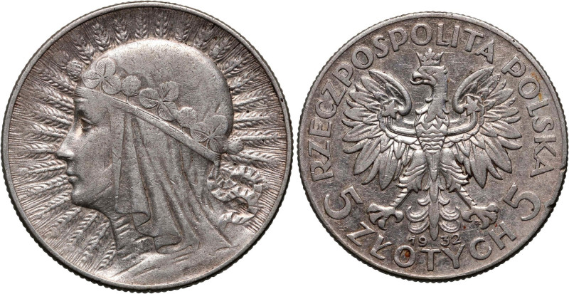 II RP, 5 złotych 1932 ze znakiem mennicy, Warszawa, Głowa kobiety Rzadkie.
Refe...