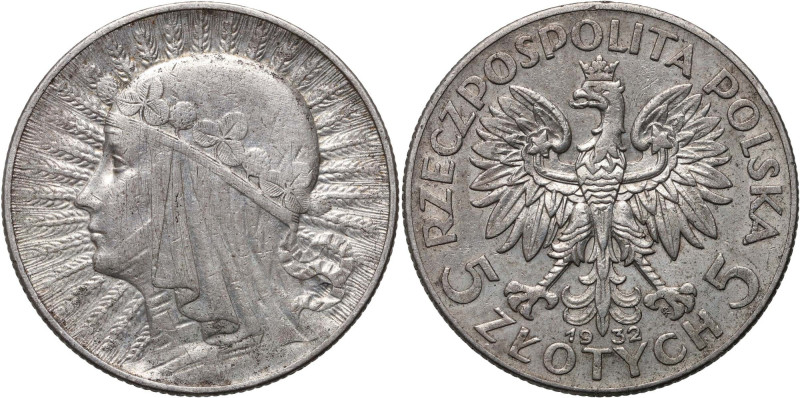 II RP, 5 złotych 1932 ze znakiem mennicy, Warszawa, Głowa kobiety Rzadkie. Awers...