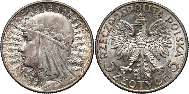 II RP, 5 złotych 1933, Warszawa, Głowa Kobiety Bardzo dobrze zachowane. Referenc...