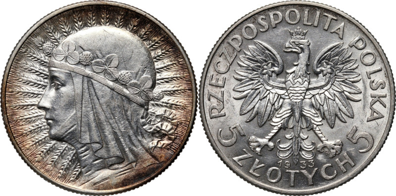 II RP, 5 złotych 1933, Warszawa, Głowa Kobiety Piękny, połyskowy egzemplarz. Ref...