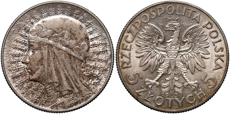 II RP, 5 złotych 1933, Warszawa, Głowa Kobiety Patyna. Reference: Parchimowicz 1...