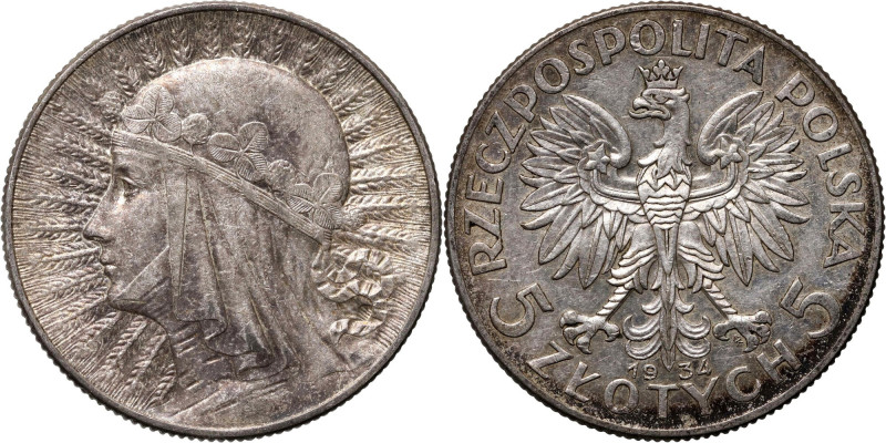 II RP, 5 złotych 1934, Warszawa, Głowa kobiety Reference: Parchimowicz 116d
Gra...