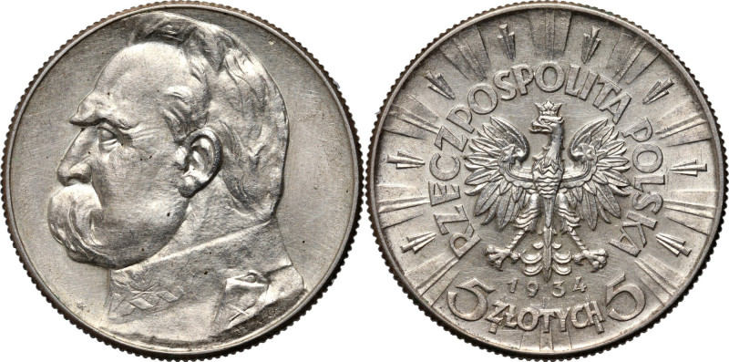 II RP, 5 złotych 1934, Warszawa, Józef Piłsudski Przetarty rewers. Reference: Pa...