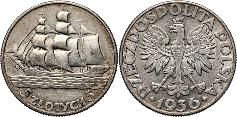 II RP, 5 złotych 1936, Warszawa, Żaglowiec Reference: Parchimowicz 119
Grade: V...