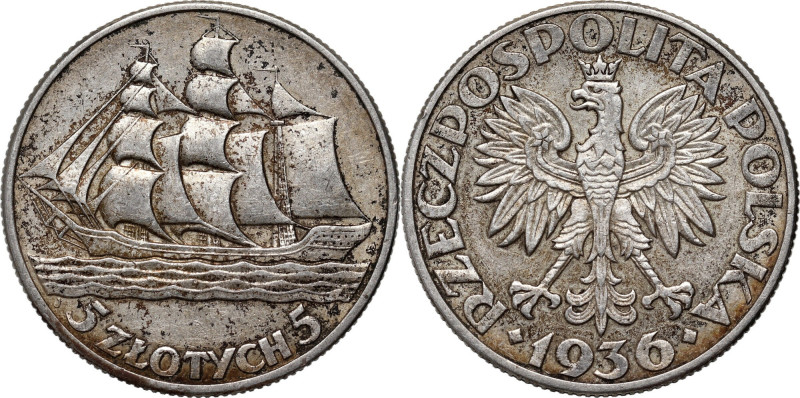 II RP, 5 złotych 1936, Warszawa, Żaglowiec Reference: Parchimowicz 119
Grade: V...