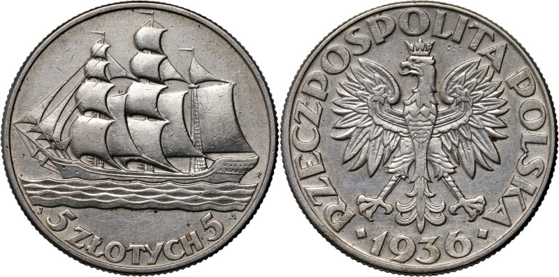 II RP, 5 złotych 1936, Warszawa, Żaglowiec Reference: Parchimowicz 119
Grade: V...