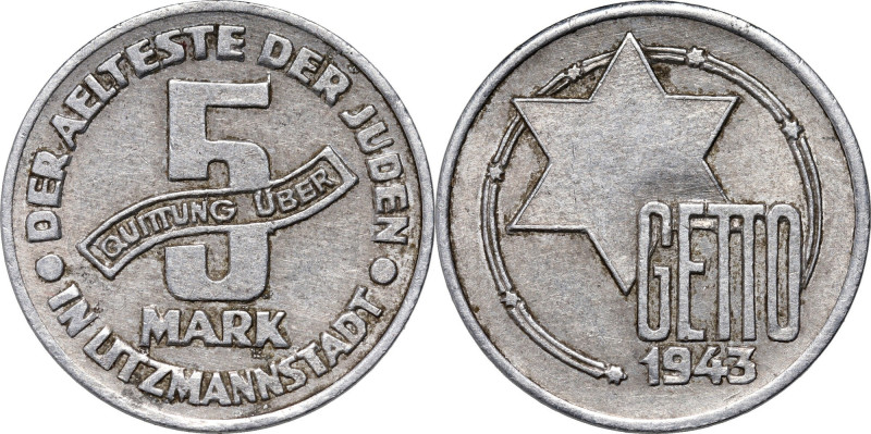 Getto w Łodzi, 5 marek 1943, Łódź, aluminium Waga 1,59 g.&nbsp; Reference: Parch...