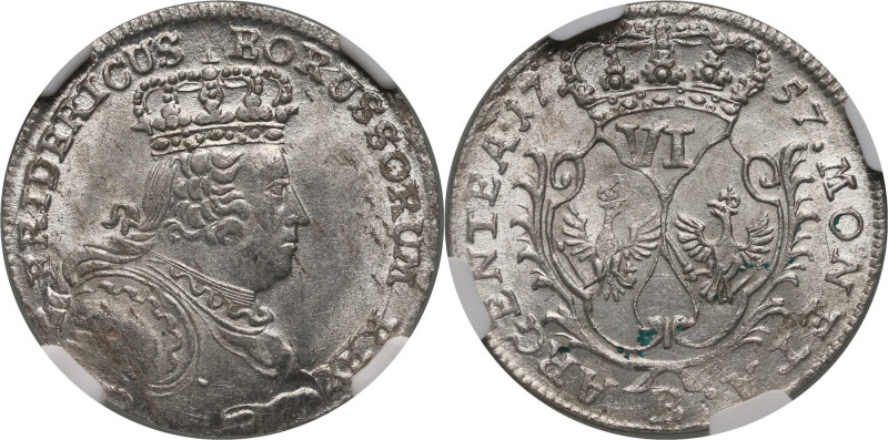 Śląsk pod panowaniem pruskim, Fryderyk II, szóstak 1757 B, Wrocław Piękny. Refer...