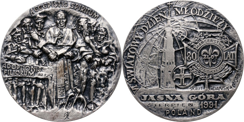 III RP, medal Światowy Dzień Młodzieży 1991 Tombak srebrzony i oksydowany, średn...