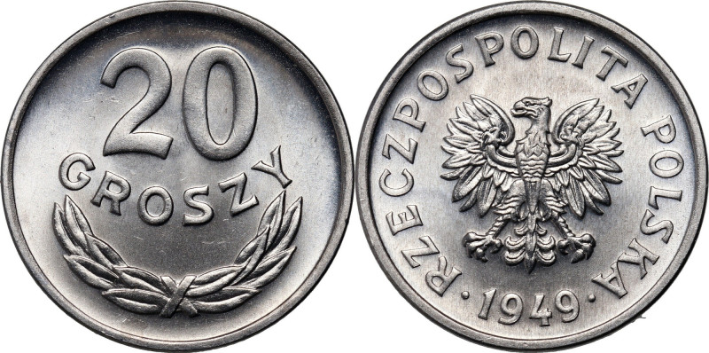 PRL, 20 groszy 1949, aluminium Bardzo ładnie zachowane, połyskowe.
Reference: P...