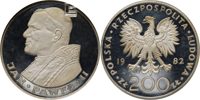 PRL, 200 złotych 1982, Valcambi, Jan Paweł II, stempel lustrzany Nakład 3650 szt...