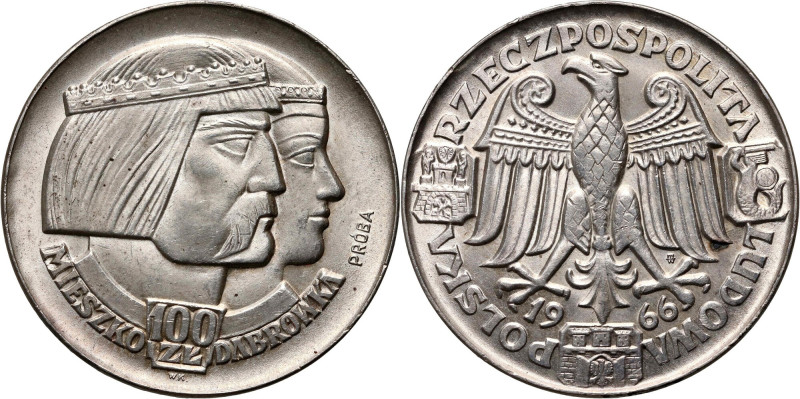 PRL, 100 złotych 1966, Mieszko i Dąbrówka, PRÓBA, srebro Bardzo ładnie zachowane...