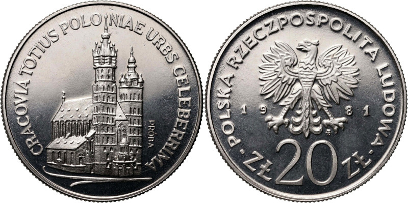 PRL, 20 złotych 1981, Kościół Mariacki w Krakowie, PRÓBA, nikiel Nakład: 500 szt...