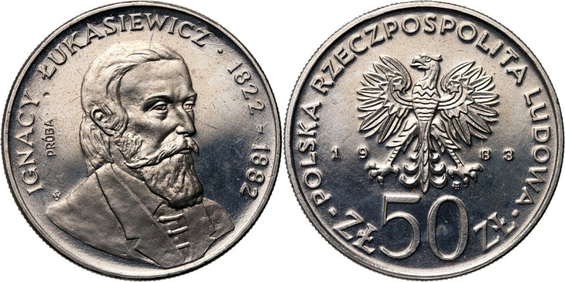 PRL, 50 złotych 1983, Ignacy Łukasiewicz, PRÓBA, Nikiel Nakład 500 sztuk.
Refer...