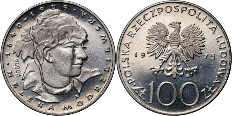 PRL, 100 złotych 1975, Helena Modrzejewska, PRÓBA, nikiel Nakład: 500 szt. Refer...