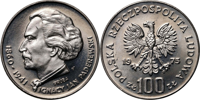 PRL, 100 złotych 1975, Ignacy Jan Paderewski, PRÓBA, nikiel Nakład: 500 szt. Ref...