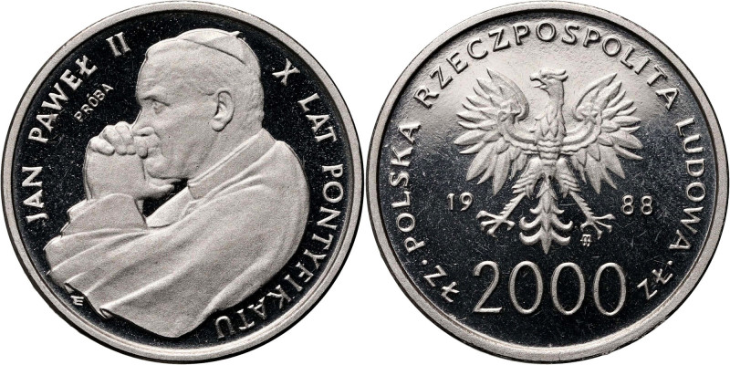 PRL, 2000 złotych 1988, Jan Paweł II - X Lat Pontyfikatu, PRÓBA, Nikiel Nakład 5...