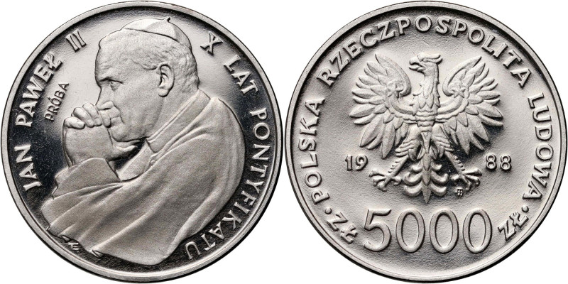 PRL, 5000 złotych 1988, Jan Paweł II - X Lat Pontyfikatu, PRÓBA, Nikiel Nakład 5...