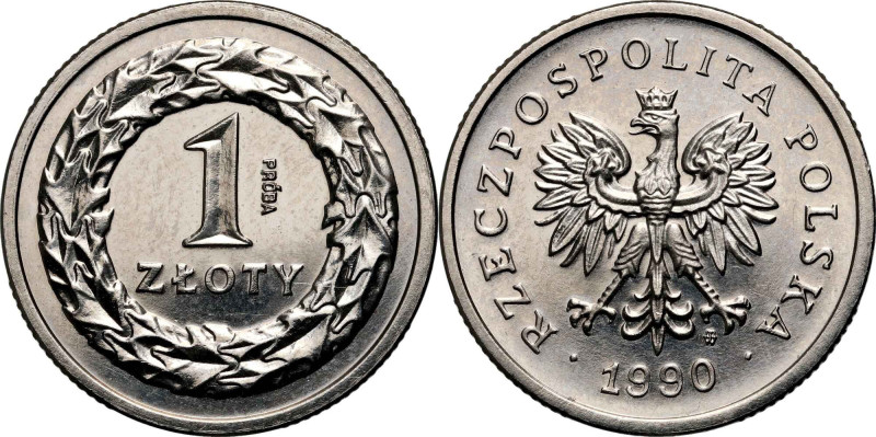 III RP, 1 złoty 1990, PRÓBA, Nikiel Nakład: 500 szt. Reference: Parchimowicz P70...