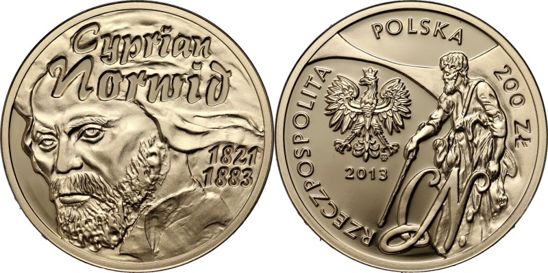 III RP, 200 złotych 2013, Cyprian Norwid Złoto 15,50 g. Nakład 2500 sztuk. Brak ...