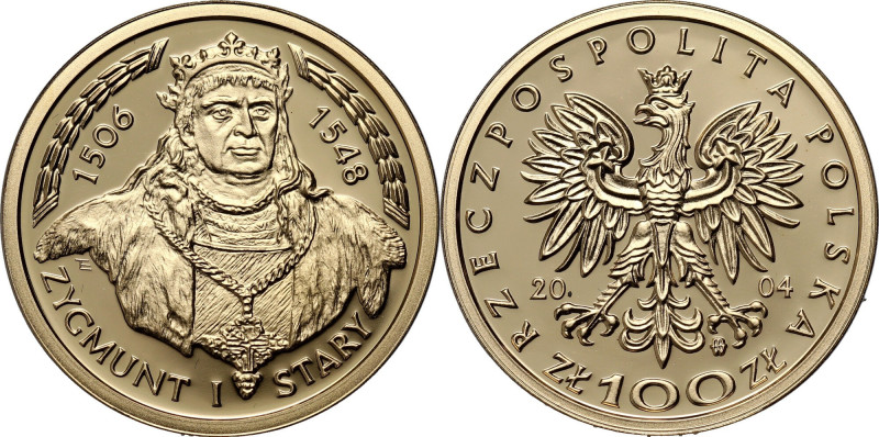 III RP, 100 złotych 2004, Zygmunt I Stary Złoto 8,00 g. Nakład 3400 sztuk. Brak ...