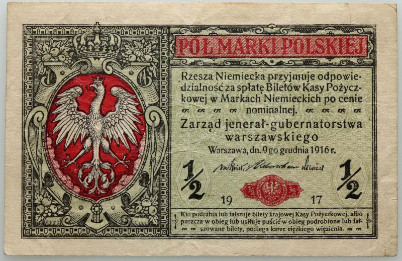 Generalne Gubernatorstwo, 1/2 marki polskiej 9.12.1916, jenerał, seria A Numer 6...