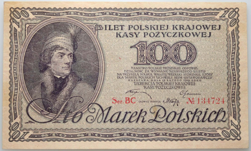 II RP, 100 marek polskich 15.02.1919, Ser. BC Numer 134724. Złamany w pionie, pl...