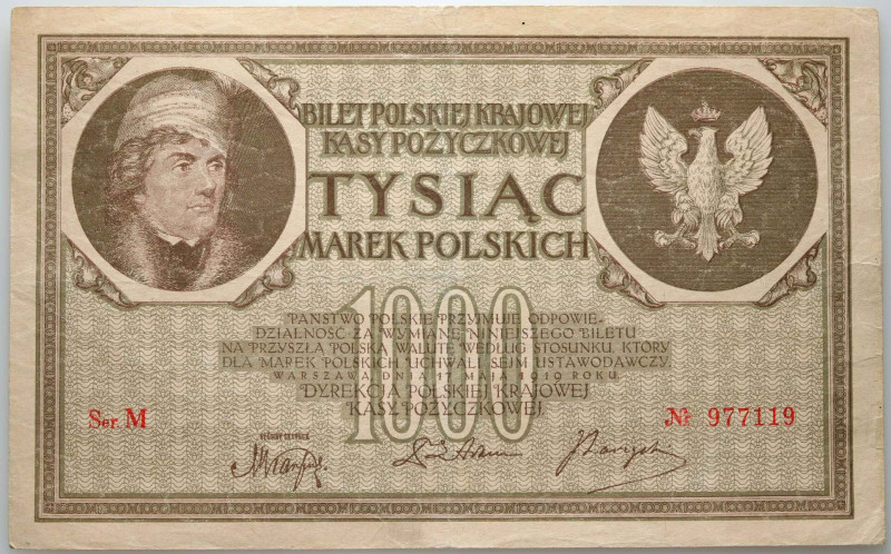 II RP, 1000 marek polskich 17.05.1919, Ser. M Numer 977119. Złamany w pionie i p...