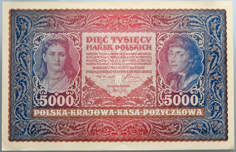 II RP, 5000 marek polskich 7.02.1920, II serja U Numer 395101. Ugięcia papieru n...