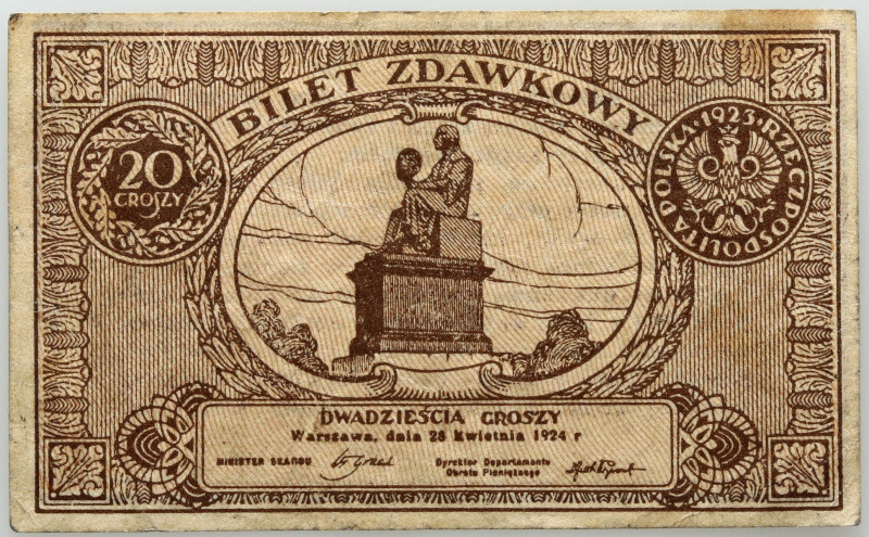 II RP, 20 groszy 28.04.1924, Bilet zdawkowy Bez oznaczenia serii i numeracji. Zł...