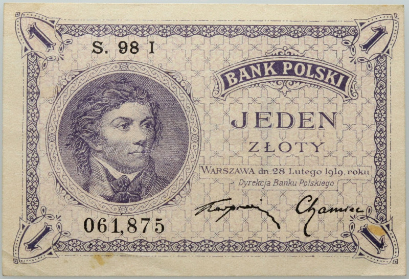 II RP, 1 złoty 28.02.1919, seria 98 I Numer 061,875. Banknot bez złamań przez śr...