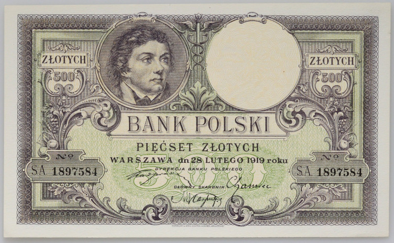 II RP, 500 złotych 28.02.1919, seria S.A. Numer 1897584. Pięknie zachowany. Refe...