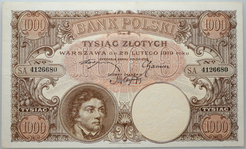 II RP, 1000 złotych 28.02.1919, seria S.A. Numer 4126680. Złamany w pionie i w p...
