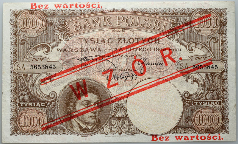 II RP, 1000 złotych 28.02.1919, seria S.A. WZÓR Numer 5653845. Ukośny napis WZÓR...