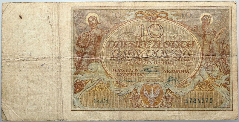 II RP, 10 złotych 20.07.1926, seria CH Numer 4784575. Rzadki rocznik. Reference:...