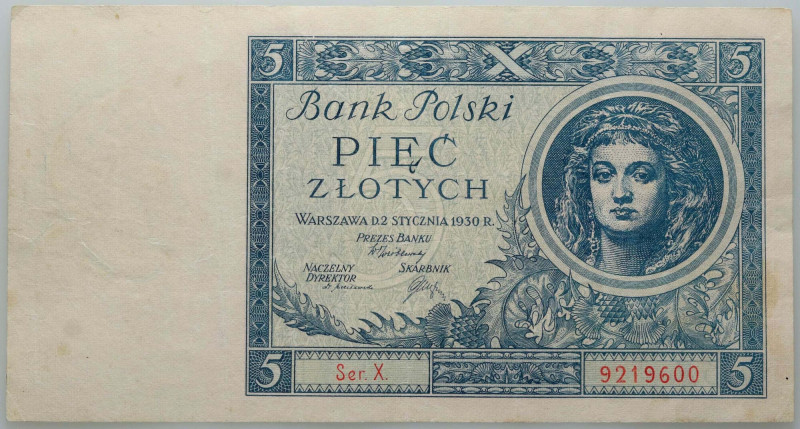 II RP, 5 złotych 02.01.1930, rzadka jednoliterowa seria X Numer 9219600. Kilkukr...