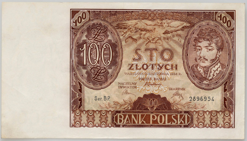 II RP, 100 złotych 9.11.1934, seria BP Numer 2896854. Ugięcia na prawym dolnym m...