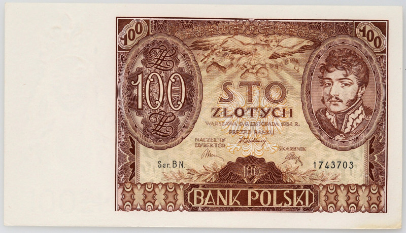 II RP, 100 złotych 9.11.1934, seria BN Numer 1743703. Dodatkowy znak wodny +x+ D...